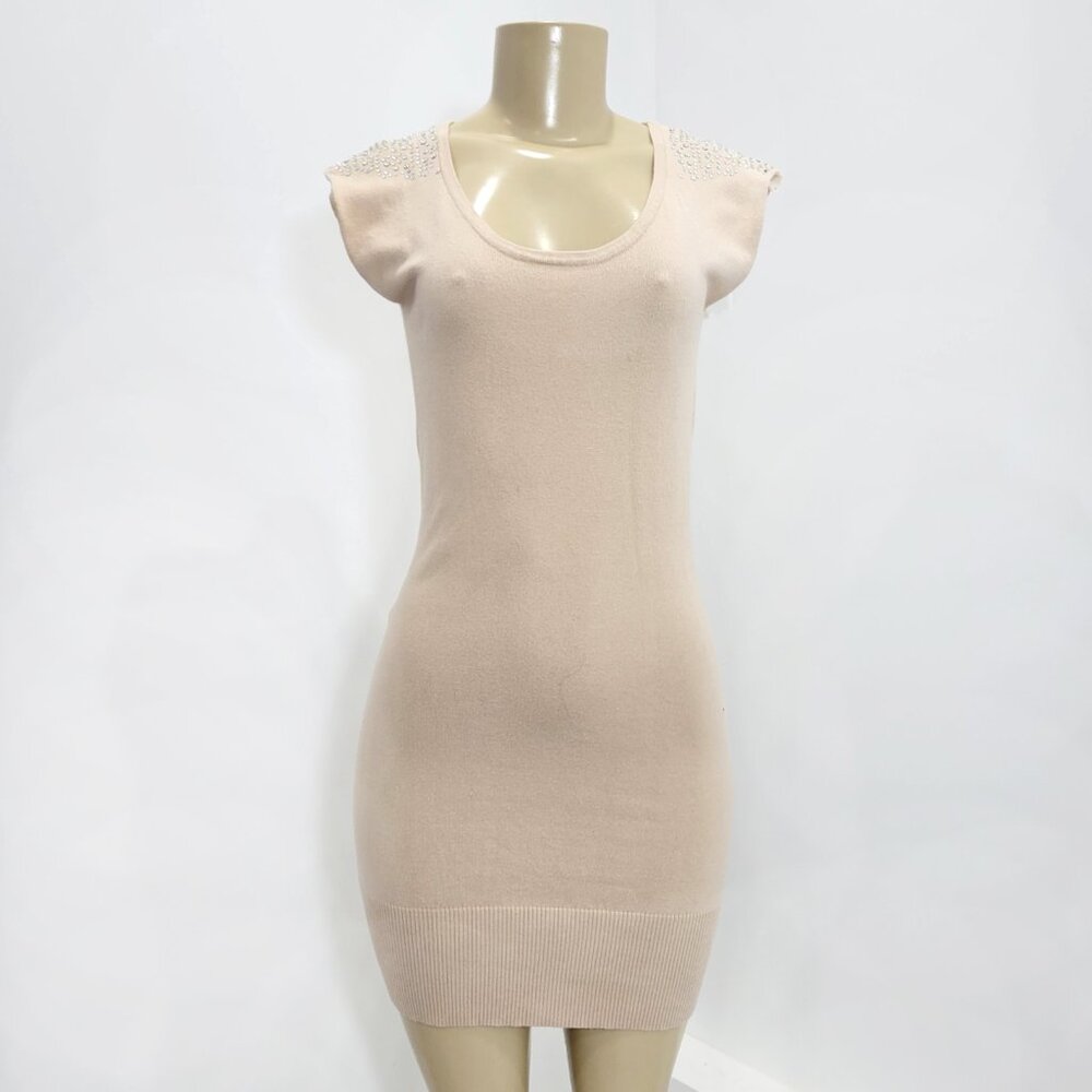 🍧Solid Beige Midi Bandage Knit y2k Rhinestone Cotton Sweater Dress🧁🍬